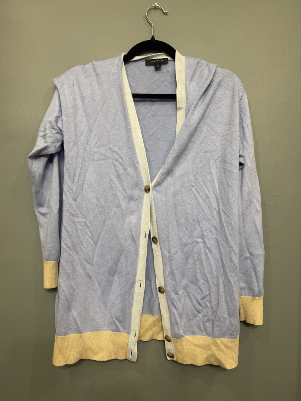 Ann Taylor Light Blue Yellow Trim Button Front Long Cardigan Sweater Size XL